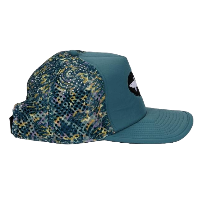 Right side profile of the hat emphasizing the teal front panel, structured bill, and vibrant patterned mesh side and back panels.