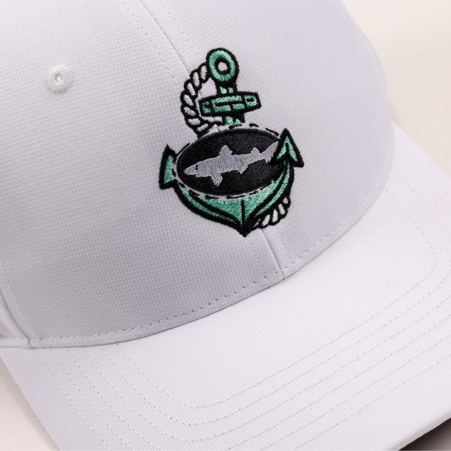 Close-up small green anchor with dogfish logo in it. 