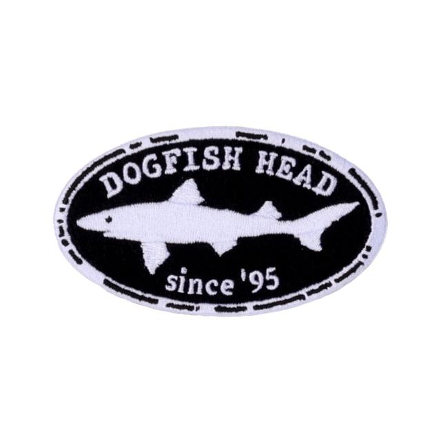Black and white Dogfish Head shark logo, with writing since '95 patch.