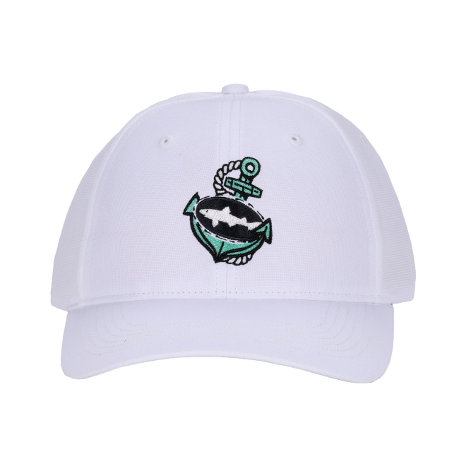 Front view of white hat with small green anchor with dogfish logo in it. 