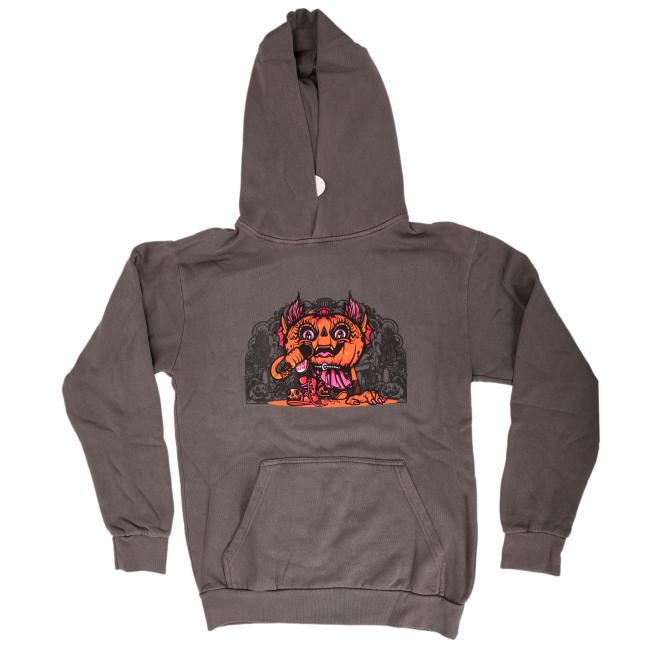 Front view of hoodie with orange punkin imagery.