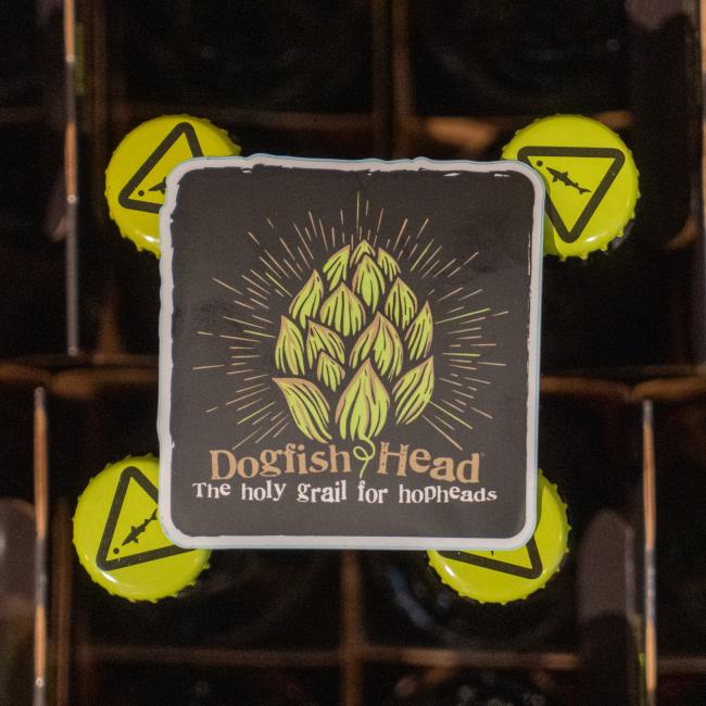 Black sticker with green hophead logo on it. With writing 