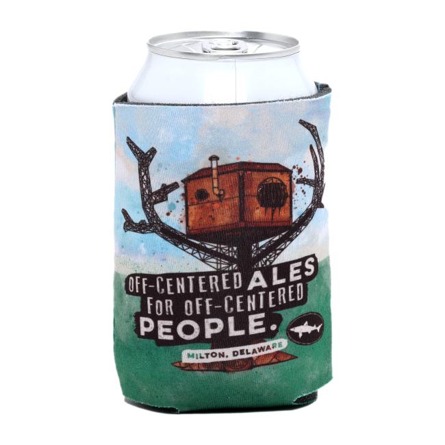 Steampunk treehouse can cooler with "OFF-CENTERED ALES..." slogan and Dogfish Head logo.