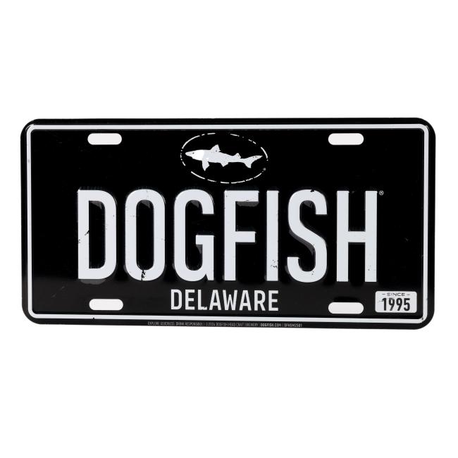 Metal tacker sign styled like a black license plate with Dogfish Head logo. DOGFISH is used as license plate 'number'.