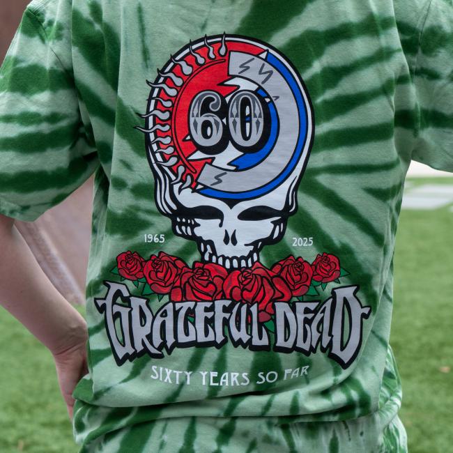 Close-up of logo on back of tee.