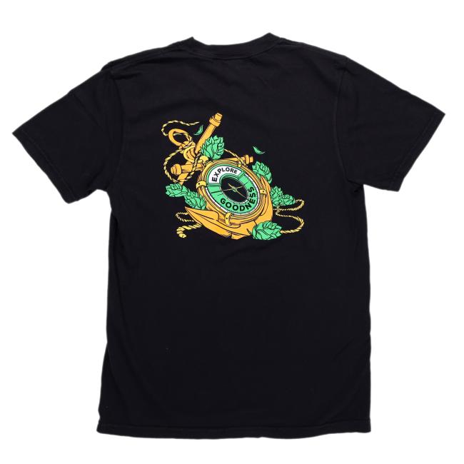 Back view black tee shirt with explore goodness 60 minute anchor art