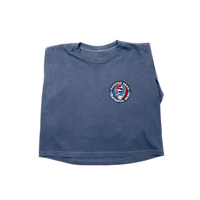Dogfish Head x Grateful Dead muscle tee with graphics of the collaboration's logo in red, white, and blue. Collaboration logo is a white shark silhouette inside skull logo. Front of shirt displays a smaller graphic of the logo on the left side of chest.