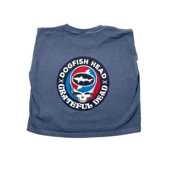 Dogfish Head x Grateful Dead muscle tee with graphics of the collaboration's logo in red, white, and blue. Collaboration logo is a white shark silhouette inside skull logo. Back of shirt displays a larger graphic of the logo. 