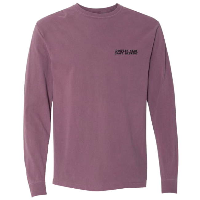 Front view of berry long sleeve featuring writing