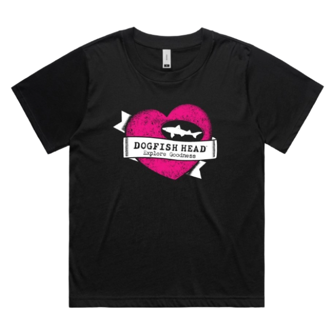 Front view of black tee features a pink heart with a small Dogfish Head shark and shield logo on the top left along with a ribbon going through it with writing